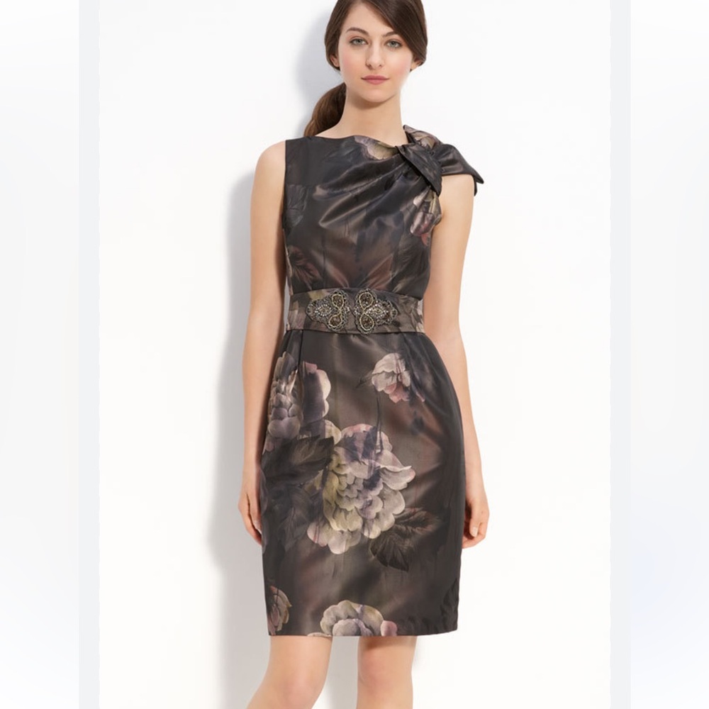 Rickie Freeman for Teri Jon Black Floral Midi Dress with Bow Accent